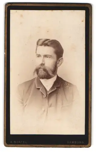 Fotografie A. Bartel, Hamburg, Gr. Johannisstr. 21, Portrait stattlicher junger Mann mit Vollbart im Jackett