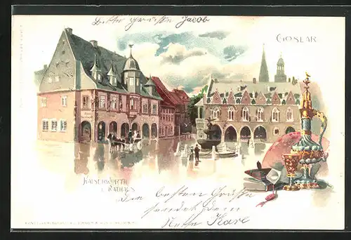 Lithographie Goslar, Kaiserworth und Rathaus