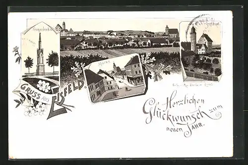 Vorläufer-Lithographie Eisfeld, 1894, Ortsansicht, Schloss, Markt und Siegesdenkmal