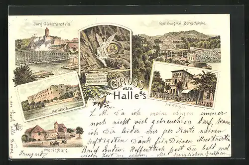 Lithographie Halle /Saale, Burg Giebichenstein, Moritzburg, Reilsburg von der Bergschänke, Bad Wittekind