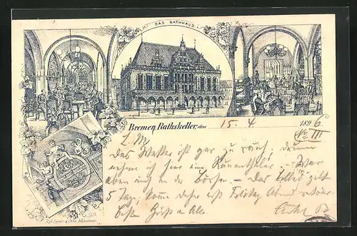 Lithographie Bremen, Rathaus und Ratskeller