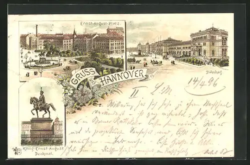 Lithographie Hannover, Bahnhof, Ernst-August-Platz, König-Ernst-August-Denkmal
