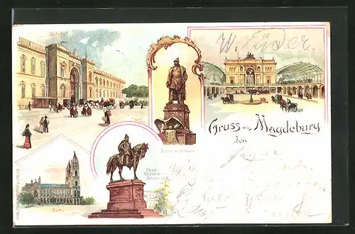 Lithographie Magdeburg, Bahnhof, Bismarck-Denkmal, Kaiser Wilhelm-Denkmal und Dom