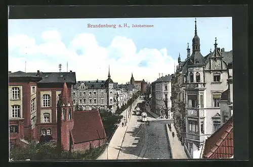 AK Brandenburg a.H., Strassenbahnen in der Jakobstrasse