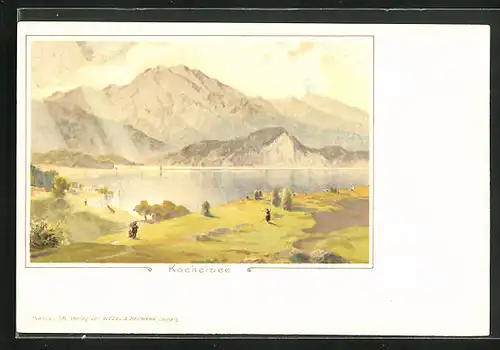 Lithographie Kochel am See, Kochelsee mit Gebirgskette