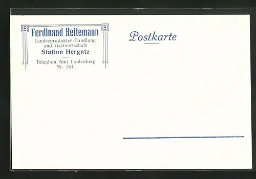 AK Hergatz, Geschäftskarte der Landesprodukten-Handlung und Gastwirtschaft Ferdinand Reitemann