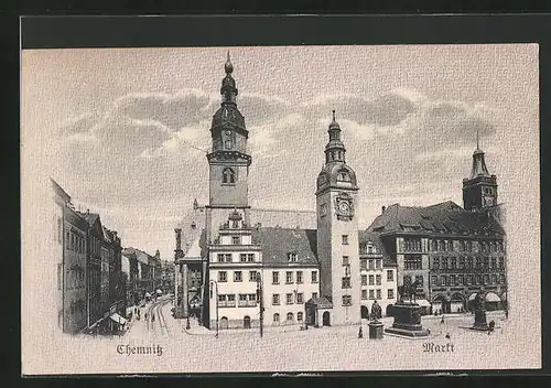 AK Chemnitz, Markt mit Rathaus und Denkmal