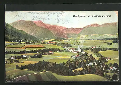 AK Grossgmain, Gesamtansicht mit Gebirgspanorama