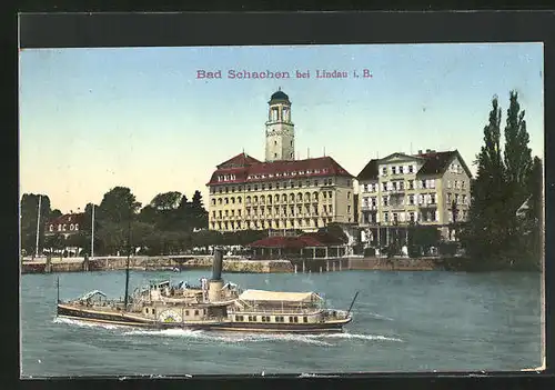 AK Bad Schachen i. B., Blick vom Bodensee zum Hotel mit Dampfer