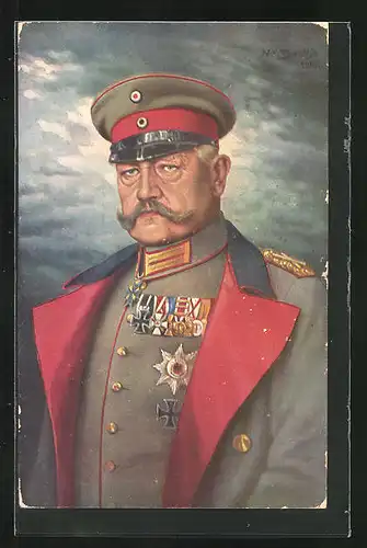 Künstler-AK uniformierter Paul von Hindenburg mit Abzeichen und Orden