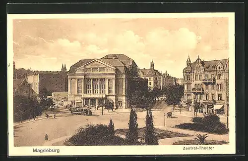 AK Magdeburg, Strassenbahn vor dem Zentraltheater