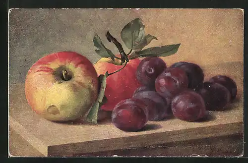 Künstler-AK M. Billing: Apfel und Pflaumen auf einem Holztisch liegend