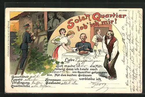 Künstler-AK Bruno Bürger & Ottillie Nr. 1795: Splch Quartier lob'ich mir!, Soldat wird grosszügig bewirtet