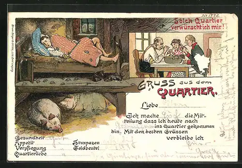 Künstler-AK Bruno Bürger & Ottillie Nr. 1772: Solch Quartier verwünscht ich mir!, Soldat schläft im Schweinestall