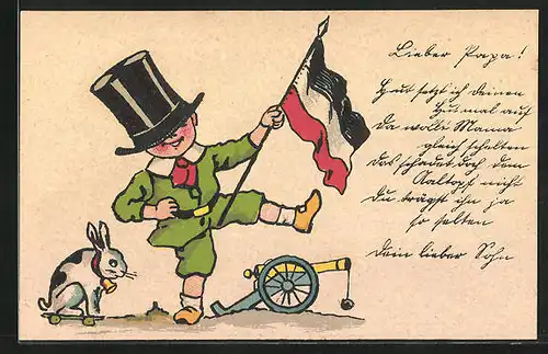 Künstler-AK Knabe mit Nationalflagge tänzelt neben einem Geschütz