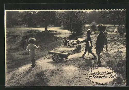 AK Jungdeutschland im Kriegsjahr 1914, Kinder spielen mit kleinen Geschützen