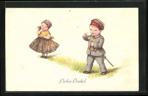 AK Kinder Kriegspropaganda, kleiner Soldat mit Blume, Liebesorakel