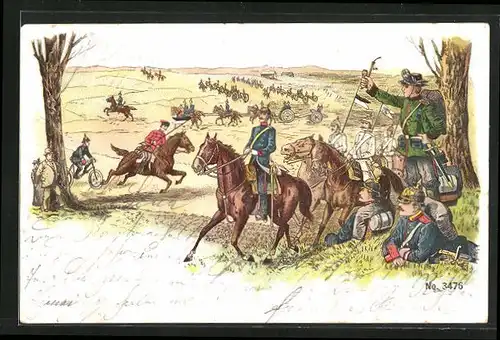 Künstler-AK preussische Kavallerie und Husaren im Manöver