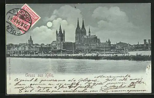 Mondschein-AK Köln, Blick über den Rhein auf die Altstadt