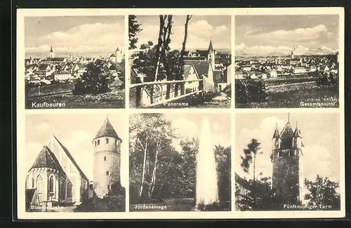 AK Kaufbeuren, Panorama, Jordananlage, Fünfknopfiger Turm & Blasiuskirche
