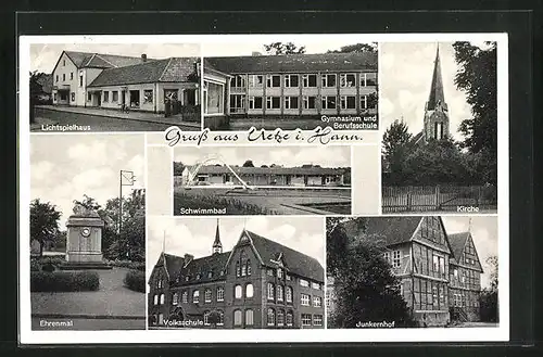 AK Uetze i. Hann, Lichtspielhaus, Gymnasium, Kirche, Junkernhof