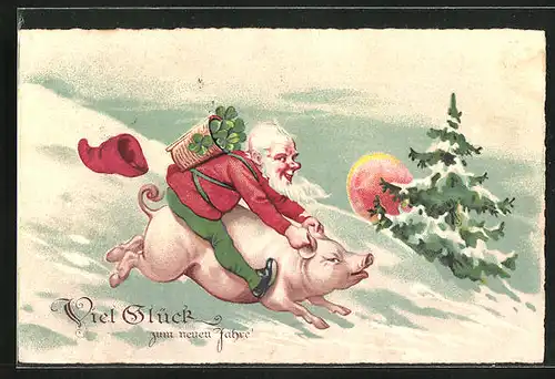 AK Zwerg reitet auf einem Glücksschwein durch den Schnee, Neujahrsgruss