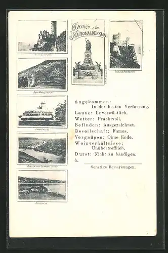 AK Rüdesheim, Ortsansicht, Nationaldenkmal, Schloss Rheinstein, Ruine Ehrenfels, der Mäuseturm, Jagdschloss