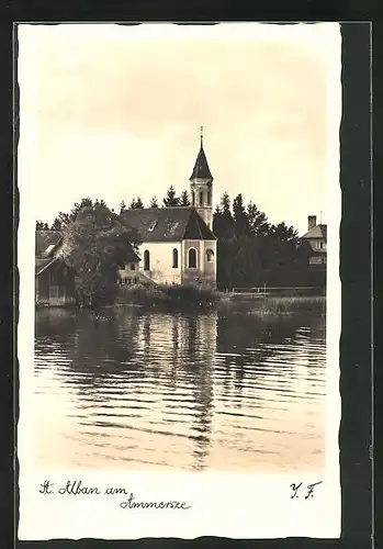 AK Sankt Alban am Ammersee, Blick vom See zur Kirche