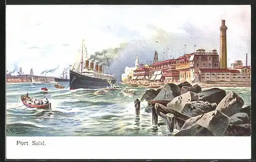 Künstler-AK Friedrich Perlberg: Port Said, Dampfschiff im Hafen