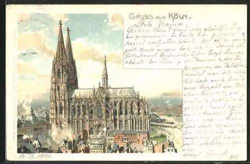 Lithographie Köln am Rhein, Blick zum Dom