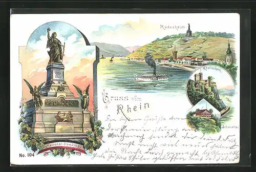 Lithographie Rüdesheim, National-Denkmal, Rheinstein und Schweizerhaus