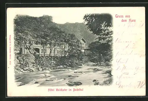 AK Bodetal im Harz, im Flussbett neben dem Hotel Waldkater