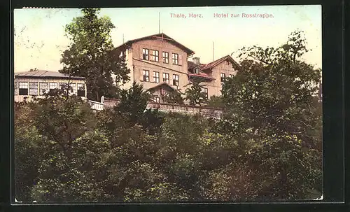 AK Thale im Harz, Blick hinauf zum Hotel zur Rosstrappe
