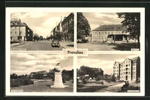 AK Prenzlau, in der Brüssower Strasse, Ehrenmal im Stadtpark, am Bahnhof