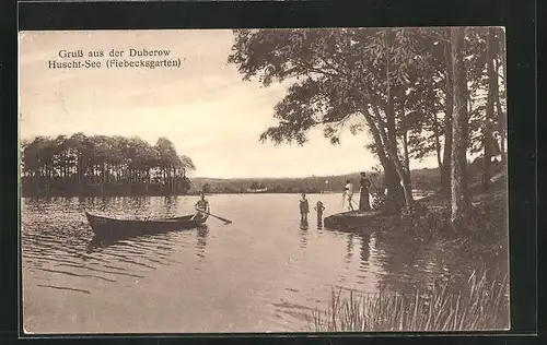AK Duberow, Uferpartie im Fiebecksgarten am Huscht-See