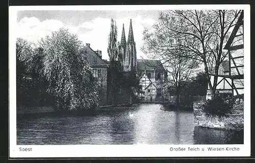 AK Soest, Grosser Teich mit Blick zur Wiesen-Kirche