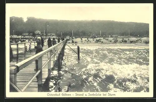 AK Göhren, Strand und Seebrücke bei Sturm