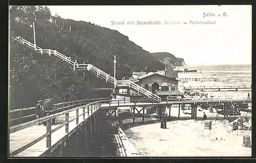 AK Sellin a. Rügen, Strand mit Strandhalle, das Herren- und Familienbad