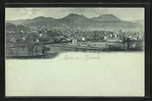 Mondschein-AK Eisenach, Generalansdicht mit dem Fluss im Vordergrund