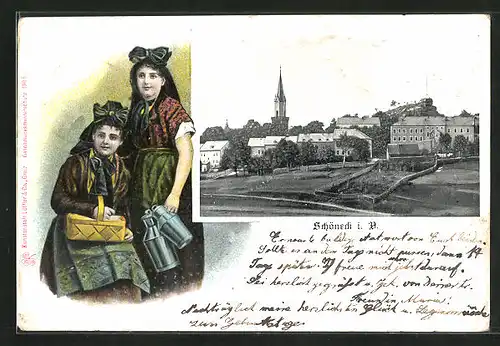AK Schöneck i. V., Parkanlagen mit Stadtblick, Frauen in Trachten