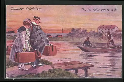 Künstler-AK Arthur Thiele: Hamster-Erlebnisse, altes Paar am Steg am Ufer