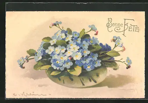 Künstler-AK Catharina Klein: Bonne Fete, Vase mit Blumenstrauss