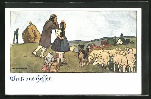 Künstler-AK Otto Ubbelohde: Schafhirte und Frau in hessischer Tracht bei der Herde
