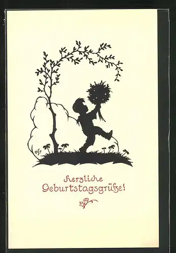 Künstler-AK A. Ost: Schattenbild, Knabe mit Blumenstrauss