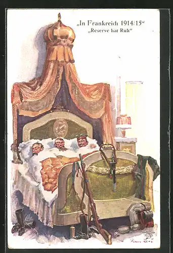 Künstler-AK Hans Leu: In Frankreich 1914 /15, Reserve hat Ruh, Soldaten im Bett