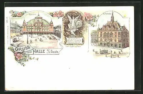 Lithographie Halle a. d. Saale, Bahnhof und Rathskeller