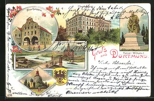 Lithographie Dortmund, Altes Rathaus, Steinersthurm und Oberbergamt