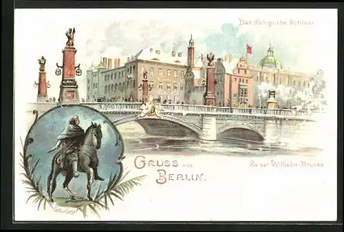 Winter-Lithographie Berlin, Kaiser Wilhelm-Brücke und Kgl. Schloss