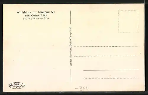 AK Berlin-Wannsee, Gasthaus zur Pfaueninsel, Bes. Gustav Prinz