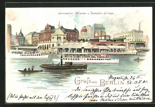 Lithographie Berlin, Jannowitz-Brücke und Dampfer-Anlage